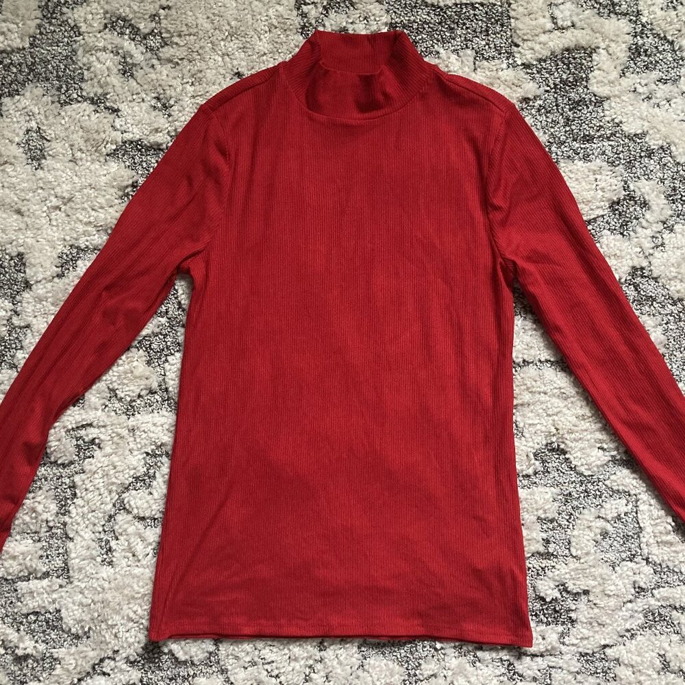 Red Ribbed Turtleneck Top